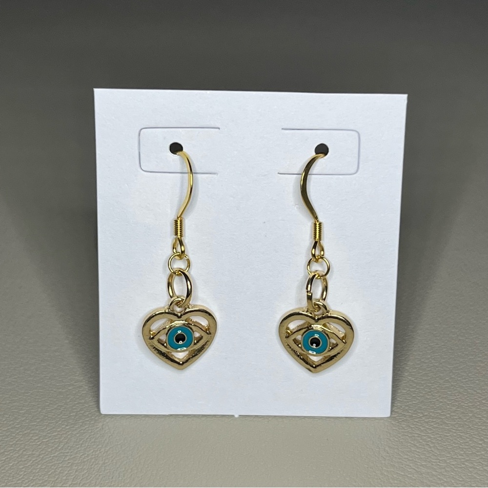 Evil Eye Heart Charm Earrings - 18k Gold Plated